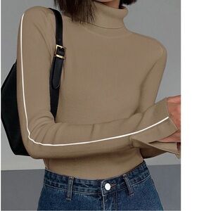 Commense Camel Knit Turtleneck Long-Sleeve with White Piping, size Large